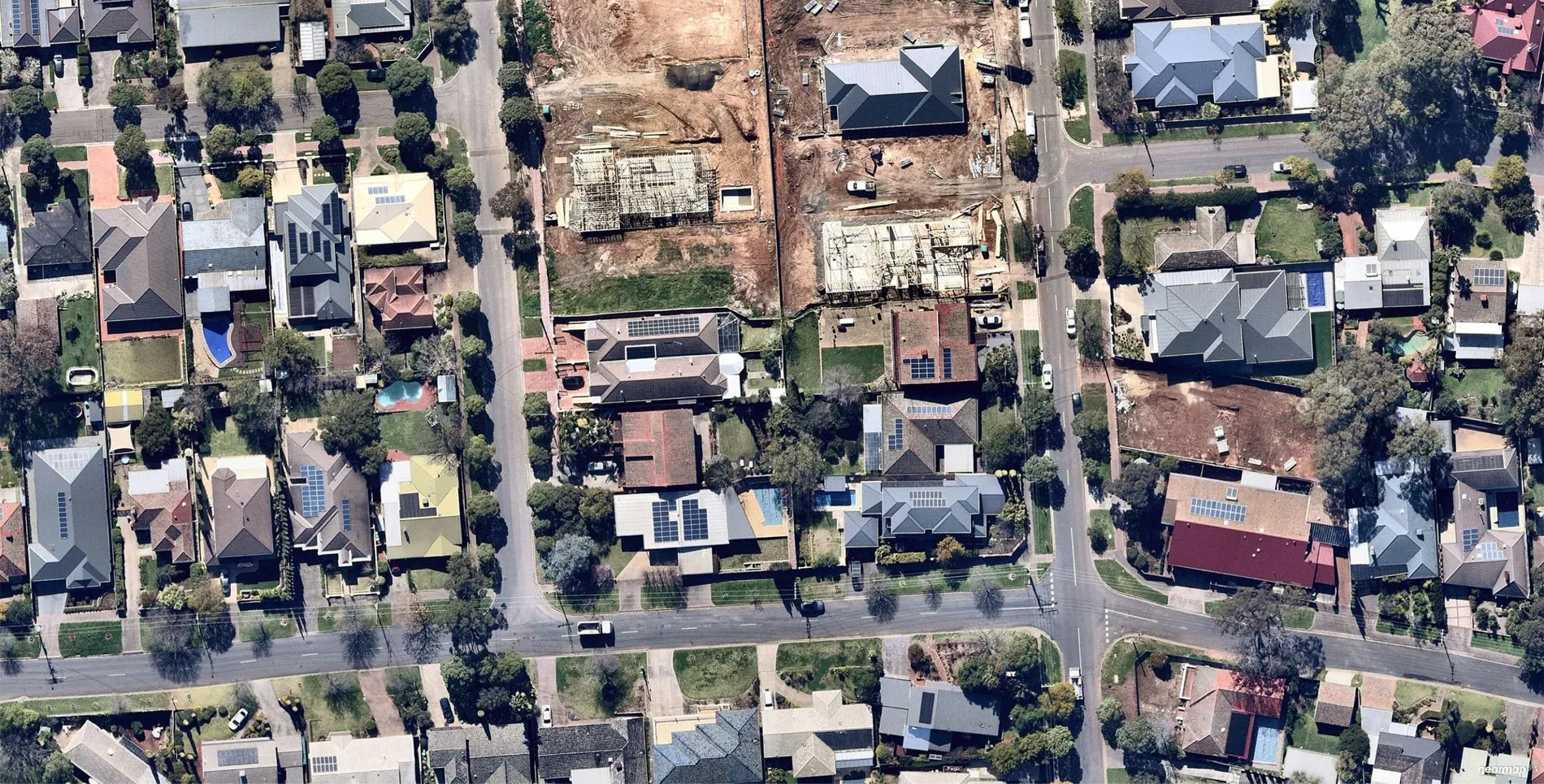 Aerial view over the streets and homes of Burnside