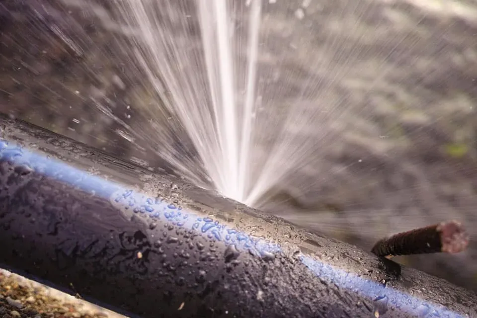Close-up of water spraying from a split water pipe