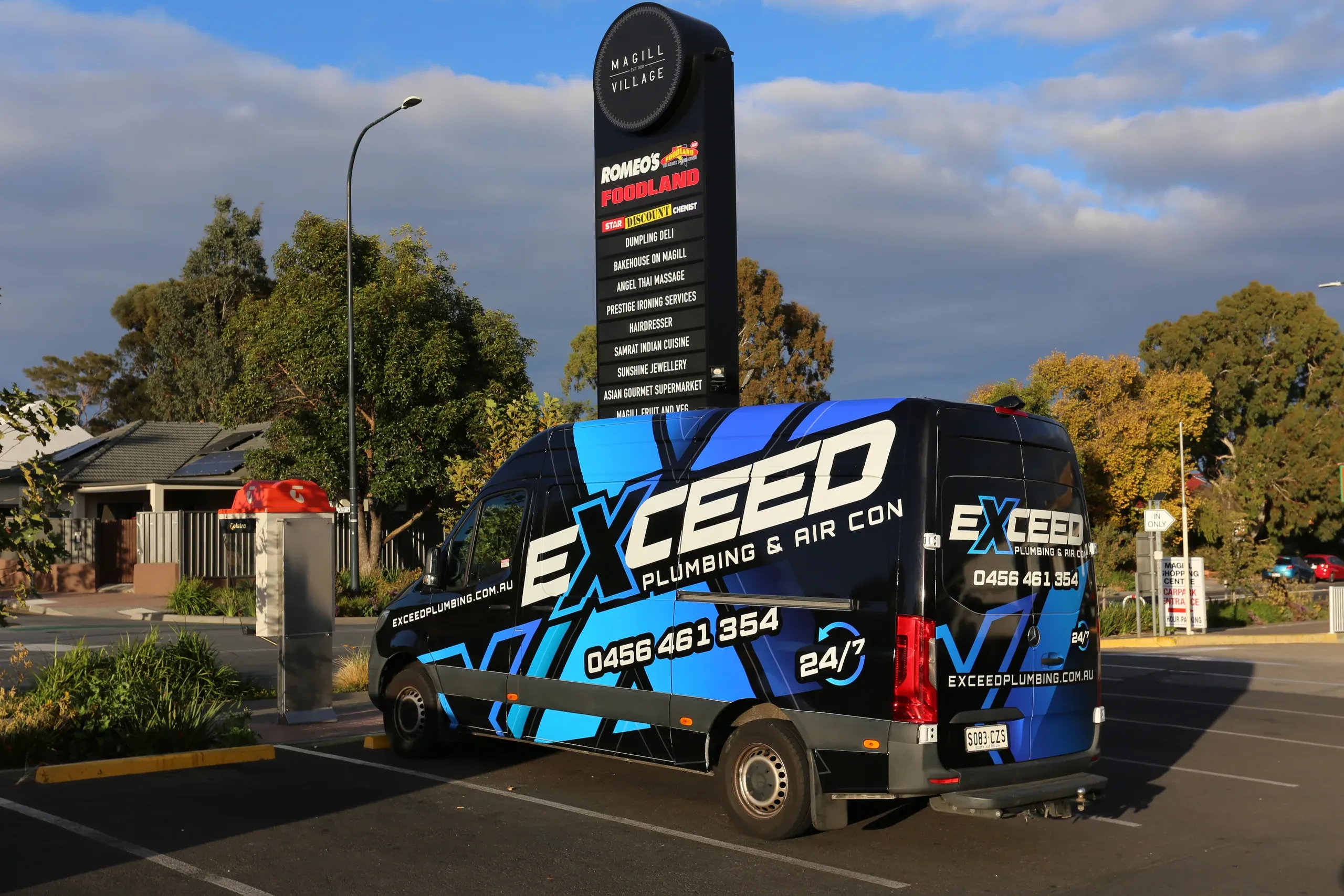 The Exceed Plumbing van parked at Magill Village in Adelaide’s eastern suburbs
