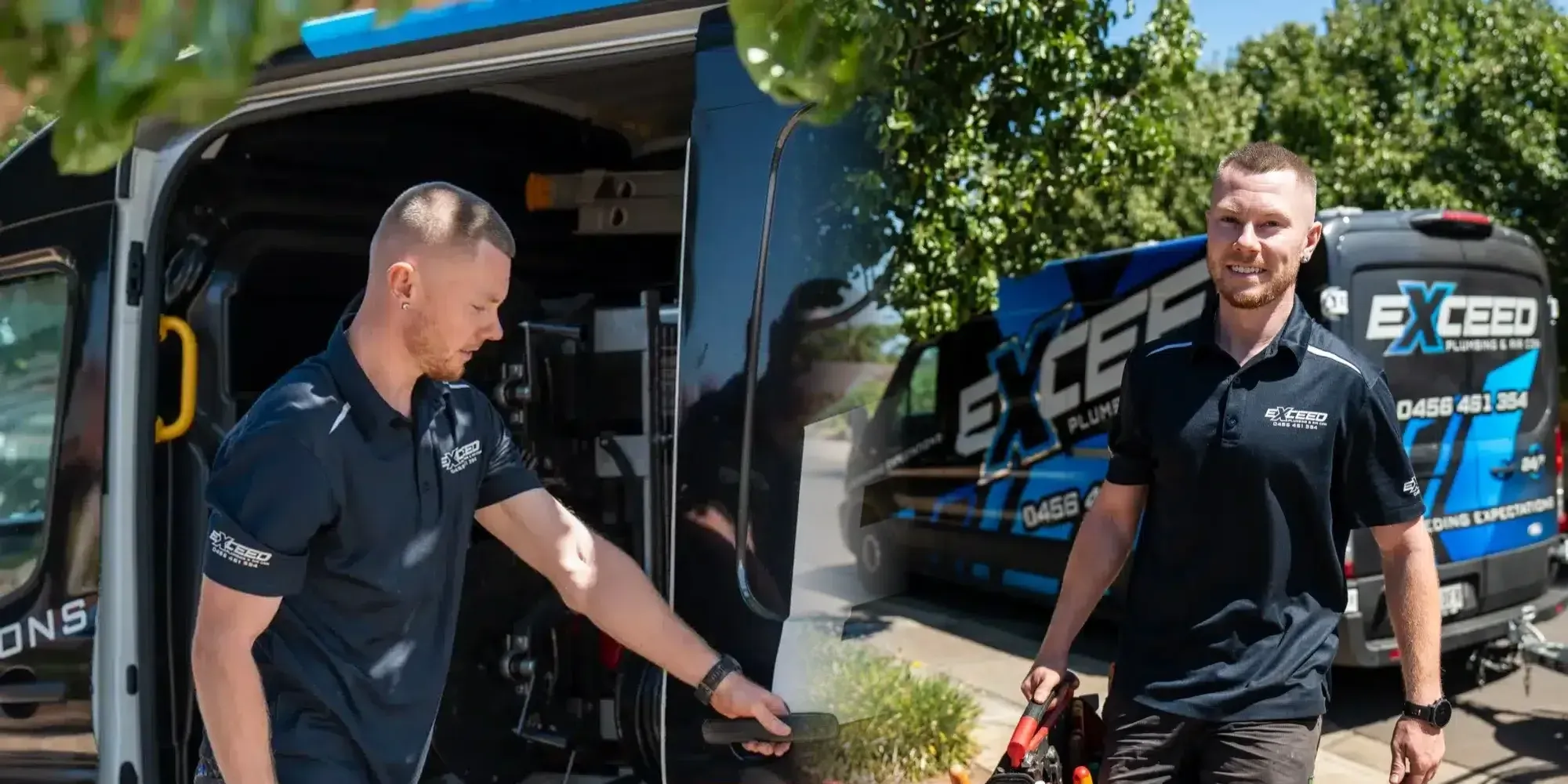 Caleb John of Exceed Plumbing at the side door of the service van, and walking up with his tool bag past the branded van