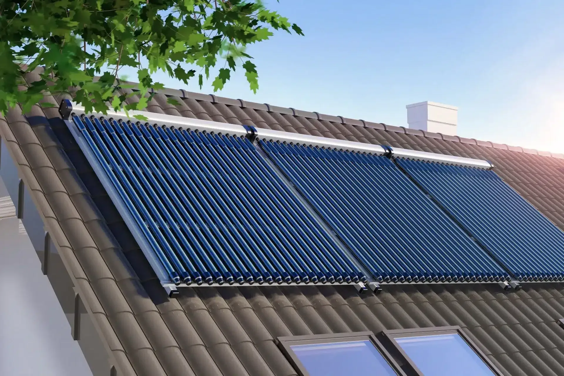 Evacuated tube solar hot water collectors on a tiled roof