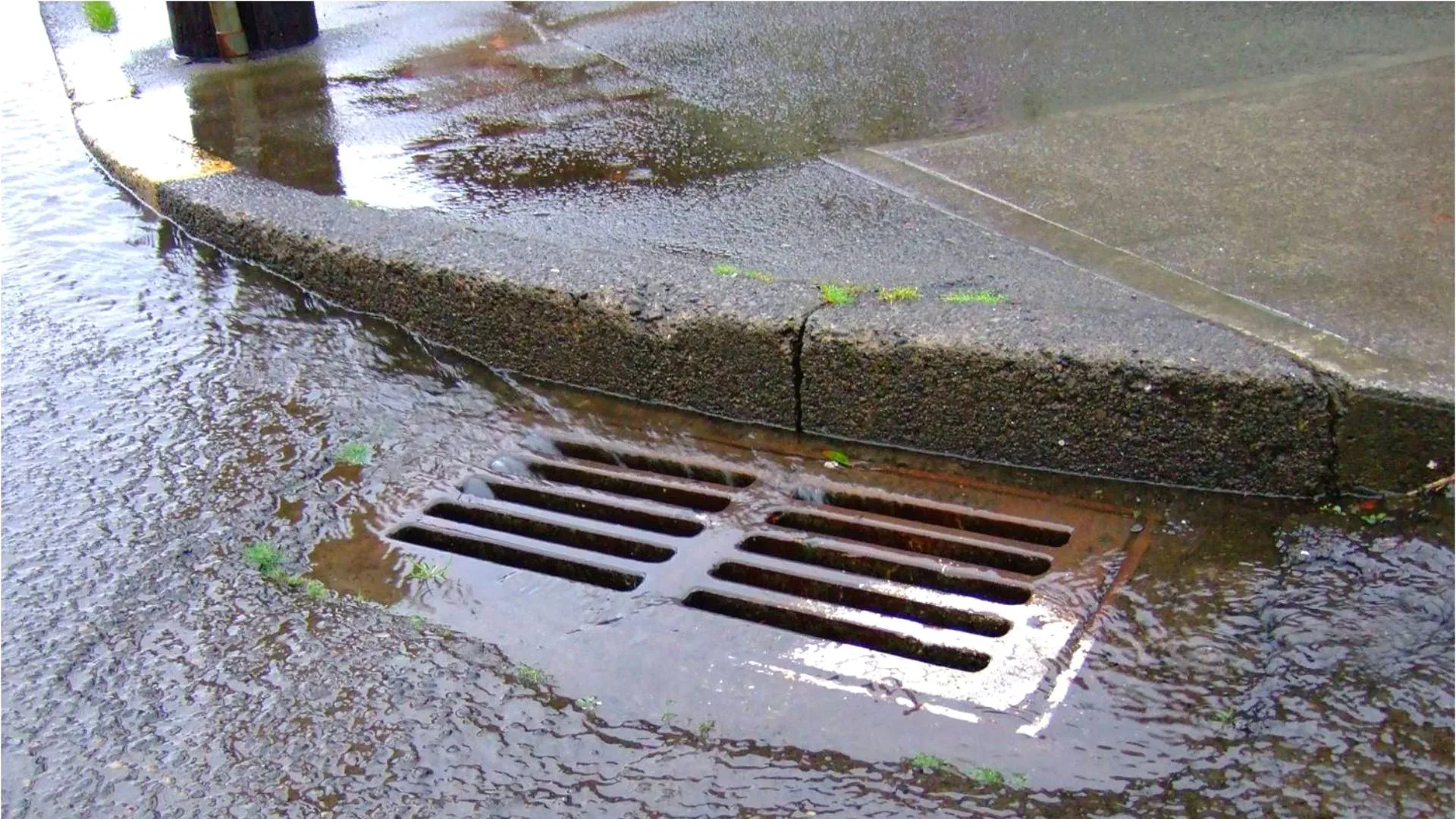 Rainwater flowing along the kerb into a street stormwater drain