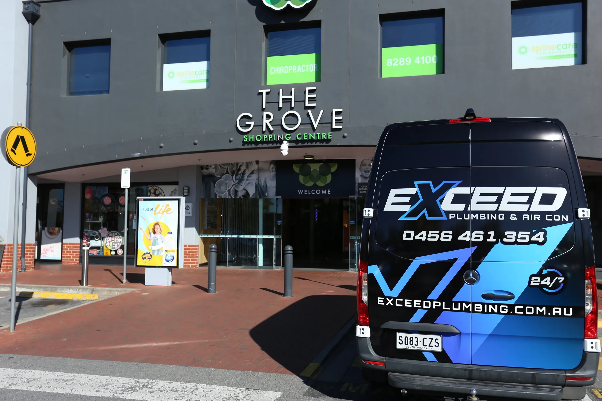 The Exceed Plumbing van outside The Grove shopping centre in Golden Grove
