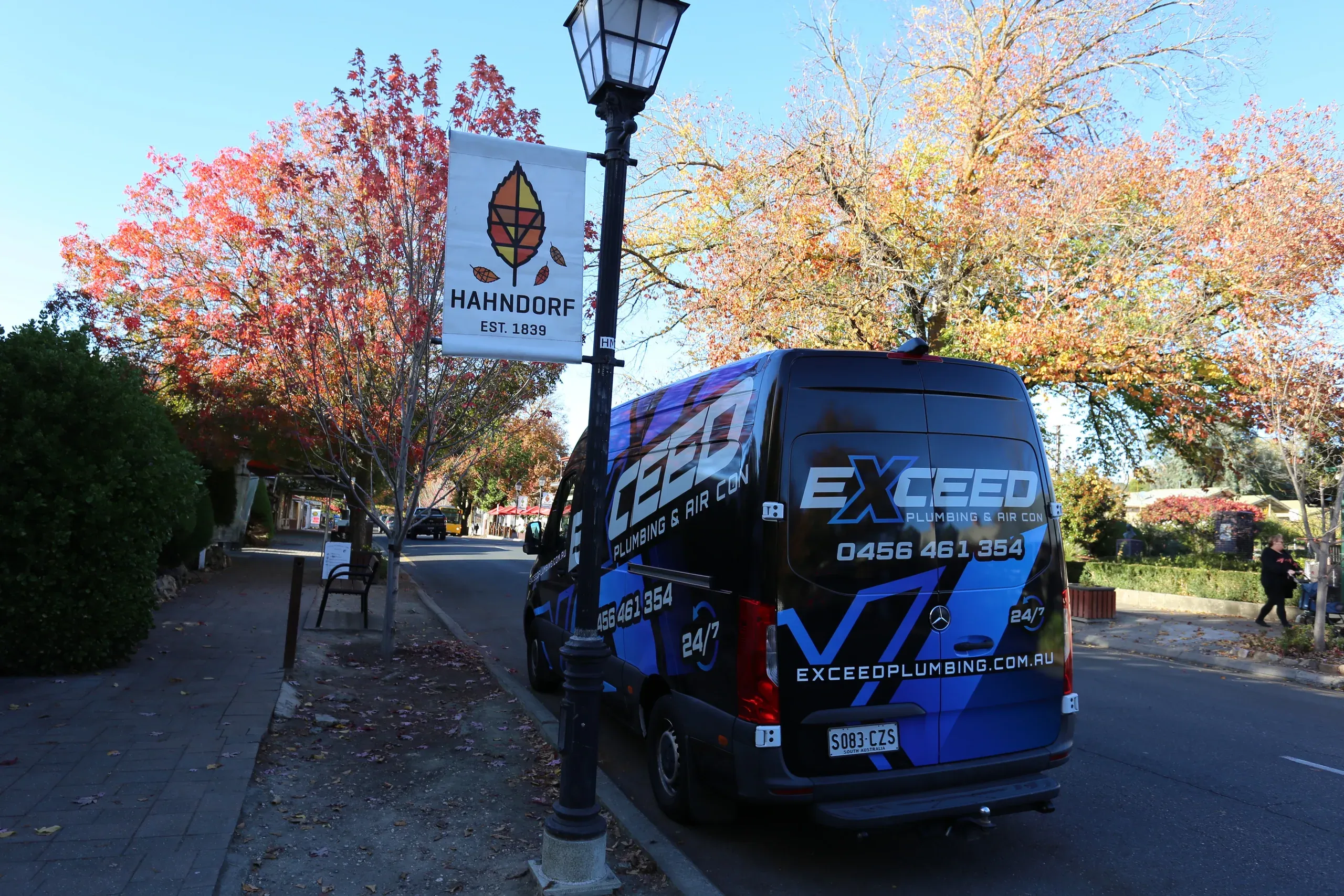 The Exceed Plumbing van on the main street of Hahndorf in the Adelaide Hills