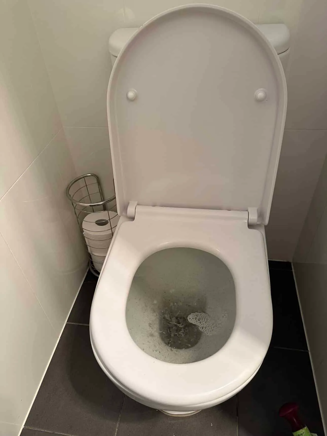 Blocked toilet with debris in the bowl
