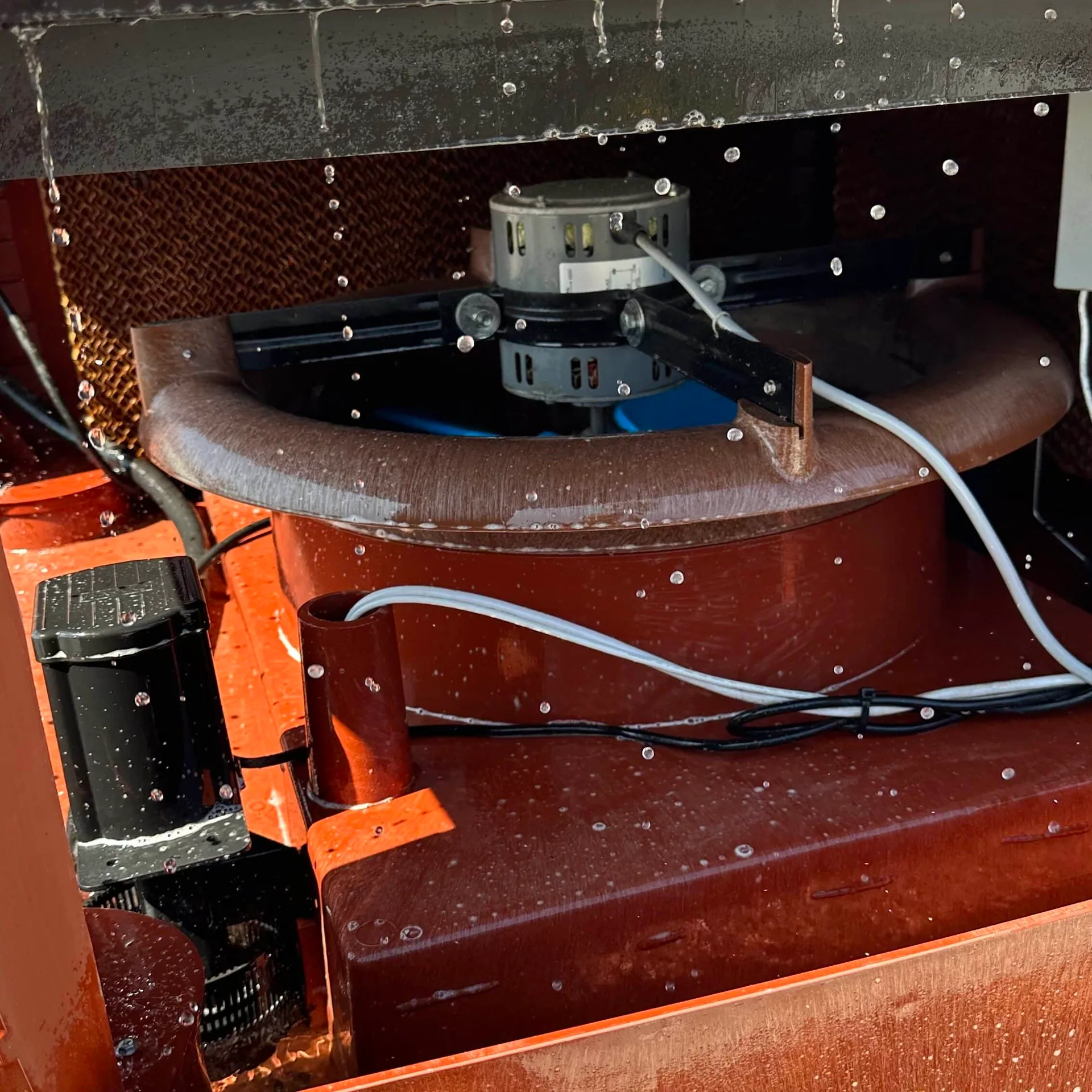 Inside an evaporative cooler, showing the fan motor